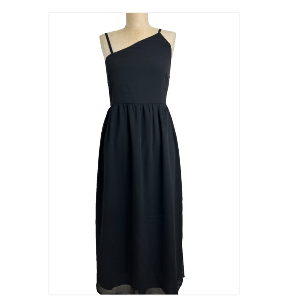 Old Navy Black One Shoulder Maxi Dress  Smocked Back Chiffon Fit & Flare